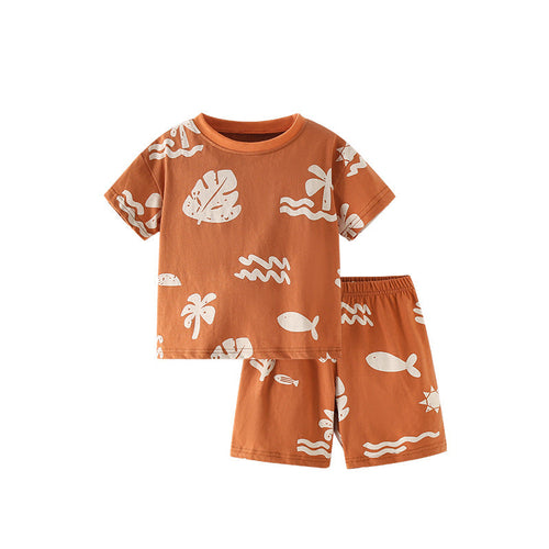 Summer Baby Kids Leaves Pattern T-shirt and Shorts Clothing Set for