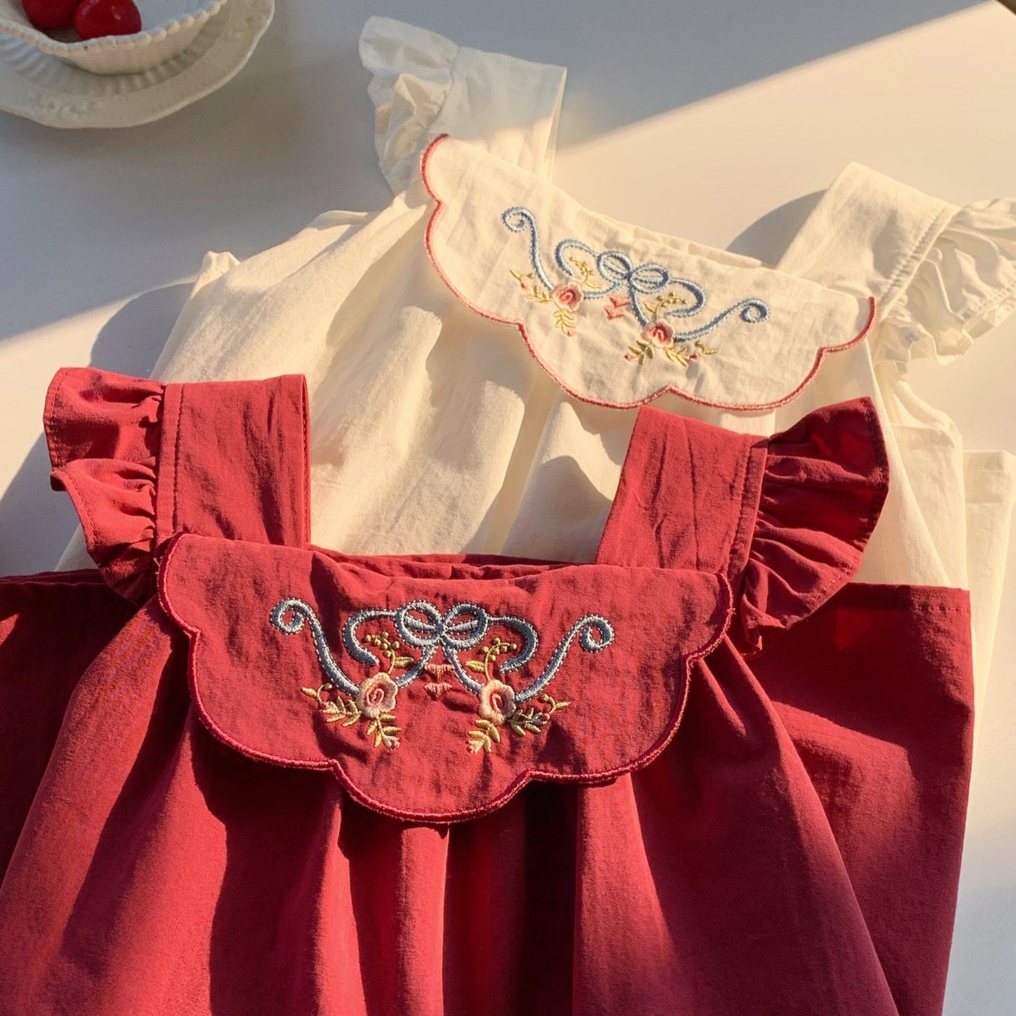 Summer Arrival Baby Kids Girls Fly Sleeves Flowers Embroidered Pattern