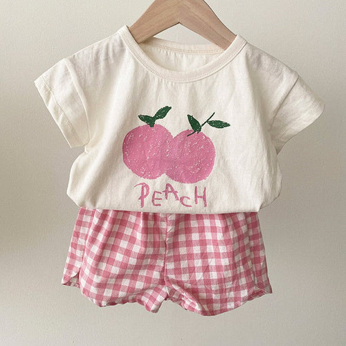 Summer Baby Kids Fruits Pattern Short Sleeves T-shirt and Plaid Shorts