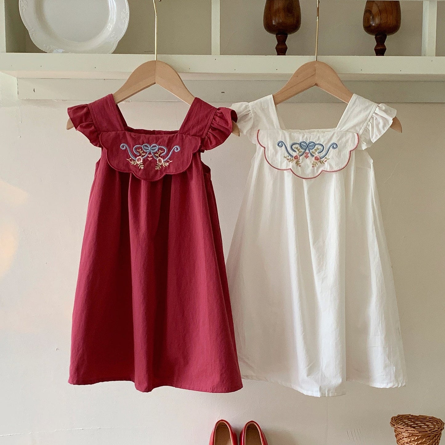 Summer Arrival Baby Kids Girls Fly Sleeves Flowers Embroidered Pattern