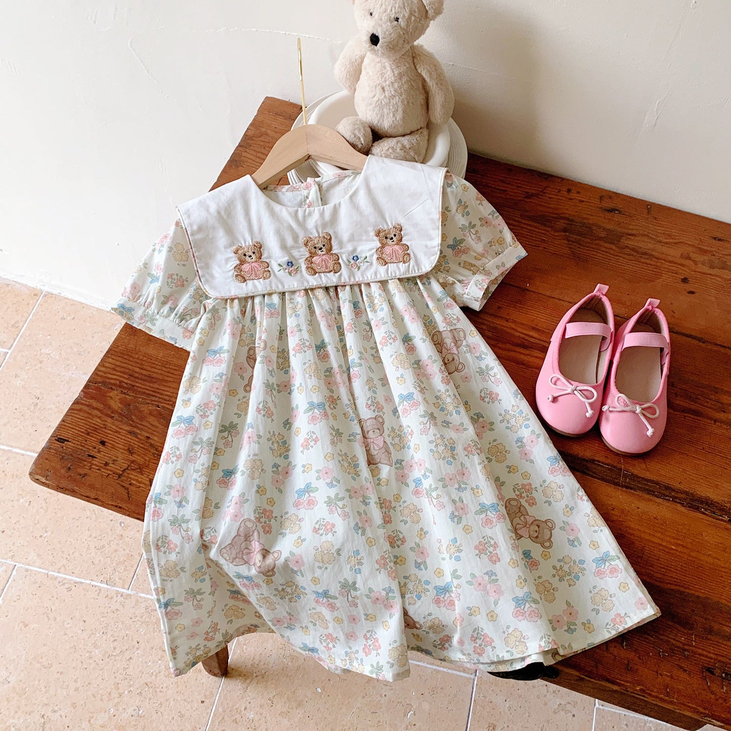 Summer Baby Kids Girls Short Sleeves Crew Neck Teddy Bear Pattern