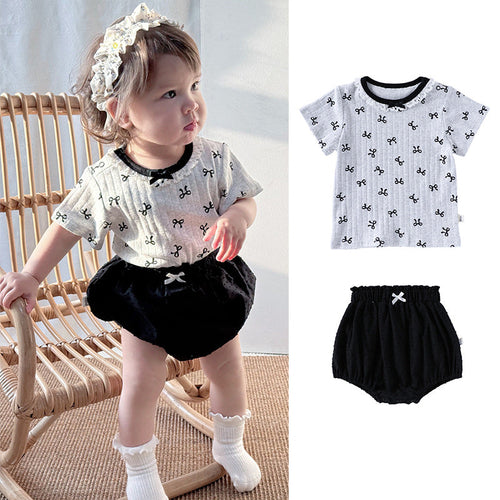 Summer Arrival Baby Girls Short Sleeves Butterfly-Bows Pattern Top and