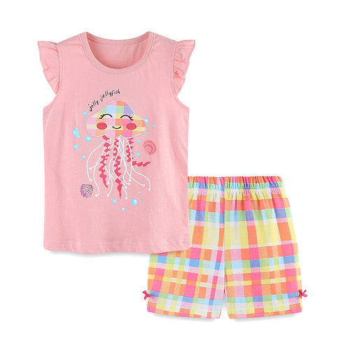 Summer Baby Kids Cartoon Jellyfish Pattern Vest and Plaid Shorts