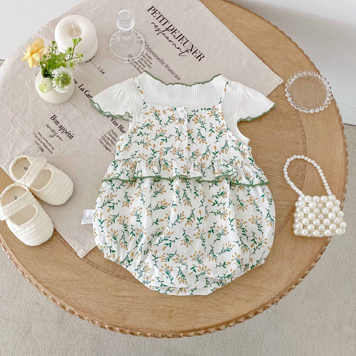 Summer Baby Kids Girls Fly Sleeves Knitted T-Shirt and Floral Strap