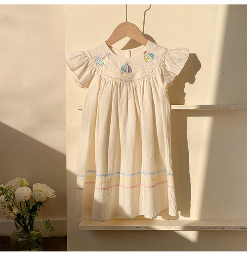 Summer Baby Kids Girls Sleeveless Little Boat Embroidery Pattern Dress