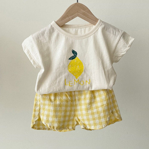 Summer Baby Kids Fruits Pattern Short Sleeves T-shirt and Plaid Shorts