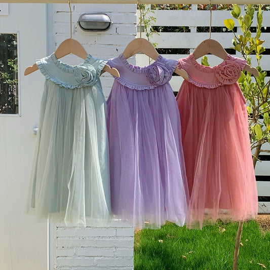 Summer Arrival Sleeveless Solid Color Tulle Dress for Stylish Girls
