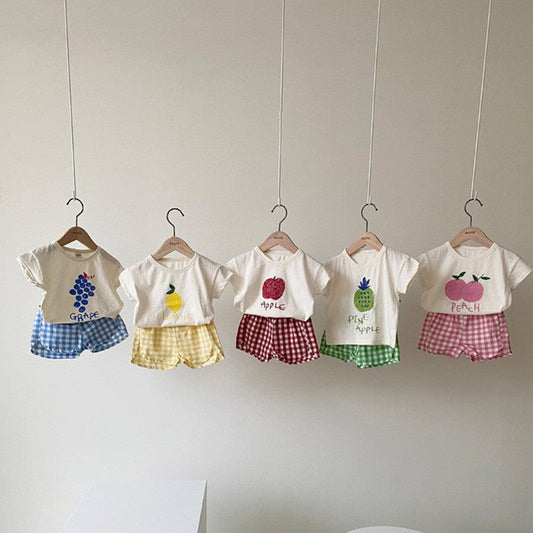 Summer Baby Kids Fruits Pattern Short Sleeves T-shirt and Plaid Shorts