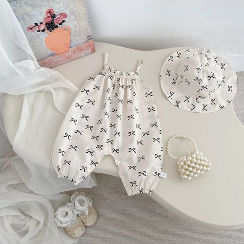 Summer Arrival Baby Girls Cute Sleeveless Strap Rompers with Hat