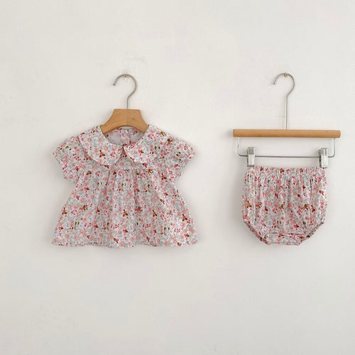 Summer Arrival Baby Girls Short Sleeves Floral Top Dress and Bloomers