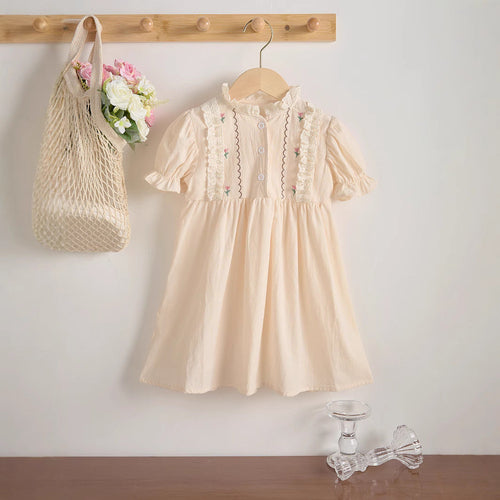 Summer Baby Kids Girls Short Sleeves Lace and Flowers Embroidered