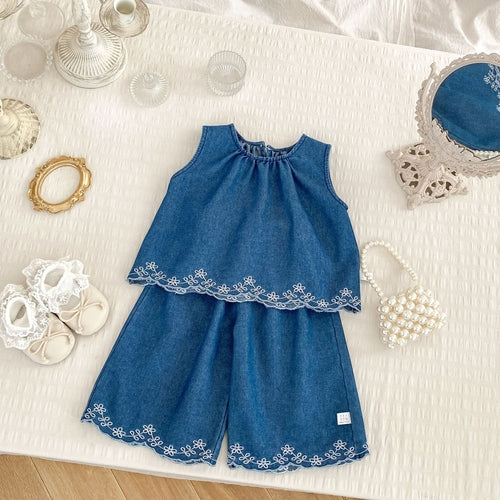 Summer Baby Kids Girls Flowers Pattern Embroidered Sleeveless Top and
