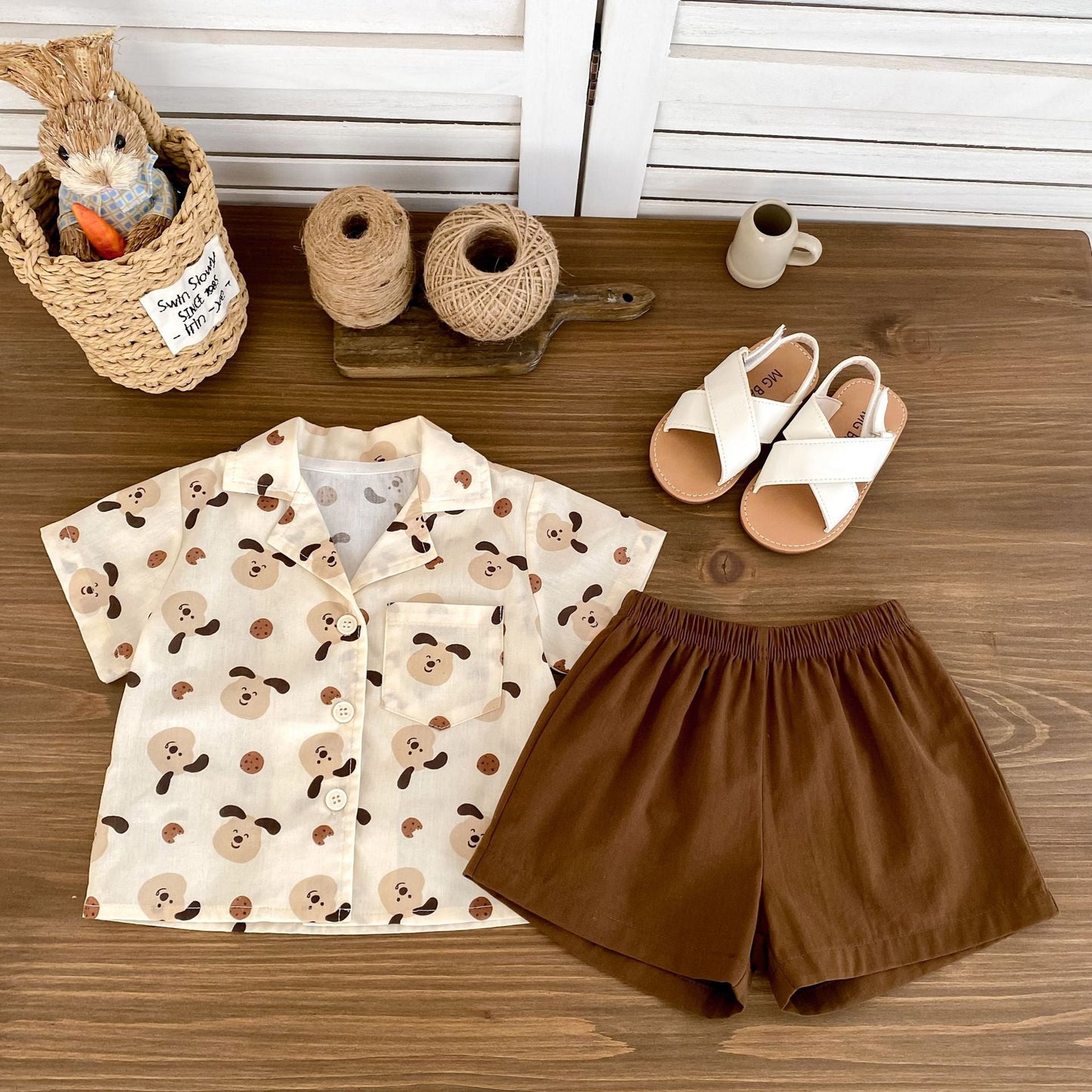 Summer Baby Kids Puppy Cartoon Pattern Single Breasted Shirt and Brown