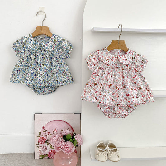 Summer Arrival Baby Girls Short Sleeves Floral Top Dress and Bloomers
