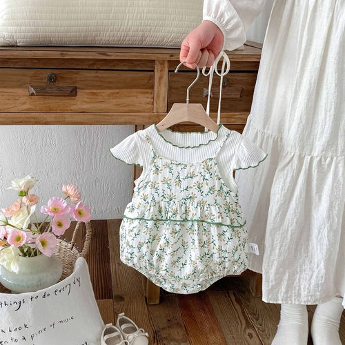 Summer Baby Kids Girls Fly Sleeves Knitted T-Shirt and Floral Strap